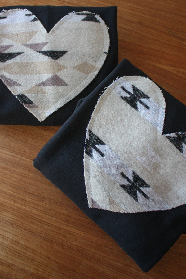 mini tipi scrap fabric heart sweater, upcycled oversized sweater, hand stitched in ottawa