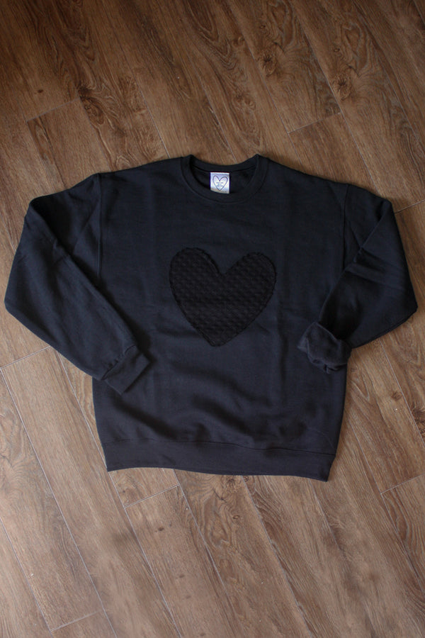 black athletic sweater, with black quilted heart applique, long sleeve, recycled fabric made in canada