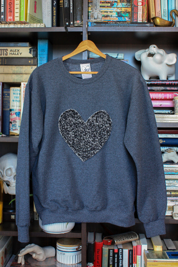 black flecked heart sweater, dark grey sweater, eco-conscious sweater, sewn in Ottawa