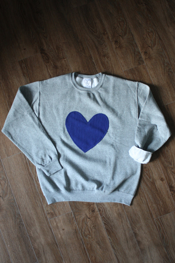 cobalt blue heart, upcycled fabric, heart sweater, upcycled in Canada, blue heart