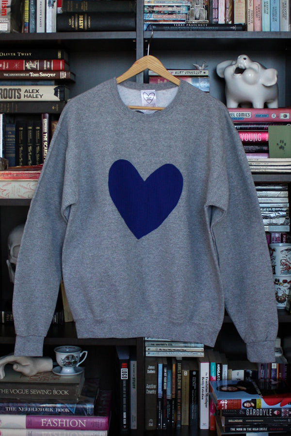 cobalt blue heart, upcycled fabric, heart sweater, upcycled in Canada, blue heart