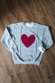 heather grey oversized sweater with cranberry heart applique, upcycled fabric, recycled fabric, handstitched in Ottawa