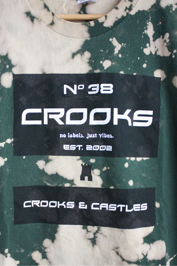 crooks and castle green tshirt, bleached out, thrifted fashion, secondhand clothing, embroidered with no labels, just vibes slow made in Canada