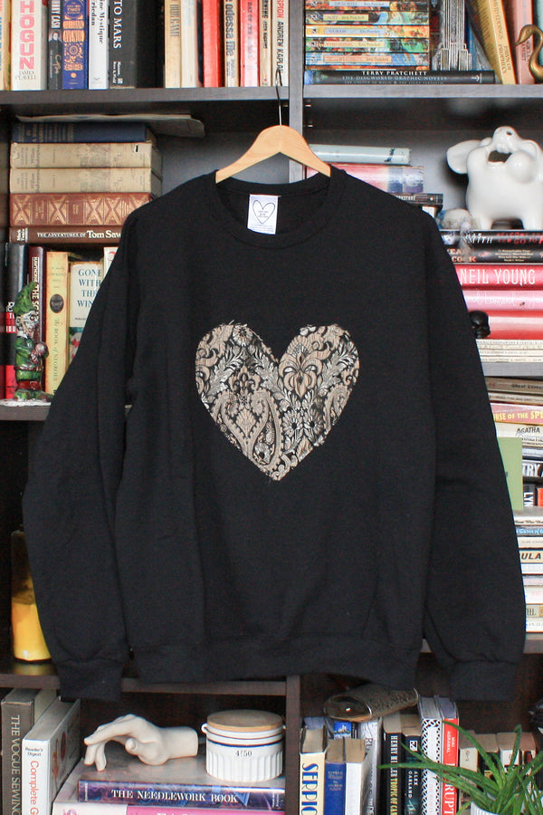 oversized comfy sweater with gold damask print heart sweater, holiday sweater, heart sweater, handmade in Ottawa