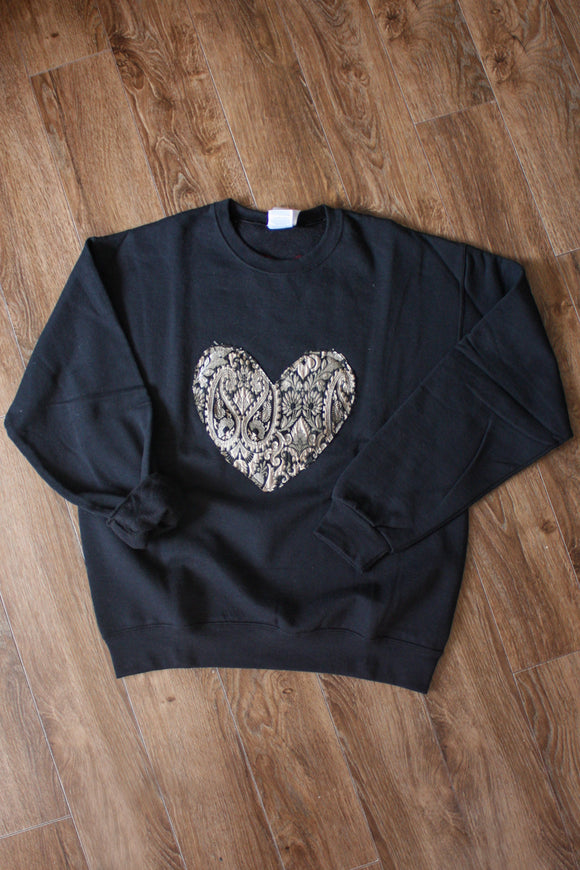 black athletic sweater with damask heart, gold, bronze and black damask print heart, handmade in Canada