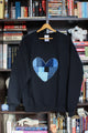 denim patchwork heart, heart sweater, black sweater, scrap fabric, eco-friendly, hand stitched in Ottawa