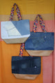 recycled denim bag, light wash denim carryall, faux leather bottom, colourful straps, handmade in Canada, upcycled jeans