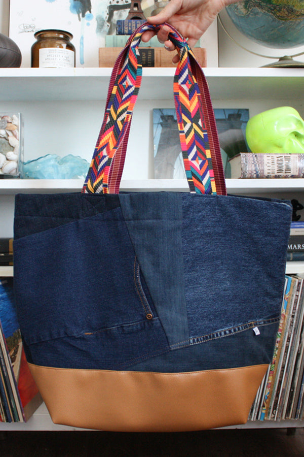 dark wash denim carryall, denim scrap fabric, upcycled denim, handmade in Ottawa, faux leather and colourful straps