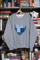 heart sweater, denim patchwork heart, scrap fabric, eco-friendly, hand stitched in Canada