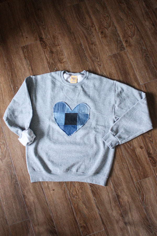 heart sweater, denim patchwork heart, scrap fabric, eco-friendly, hand stitched in Canada