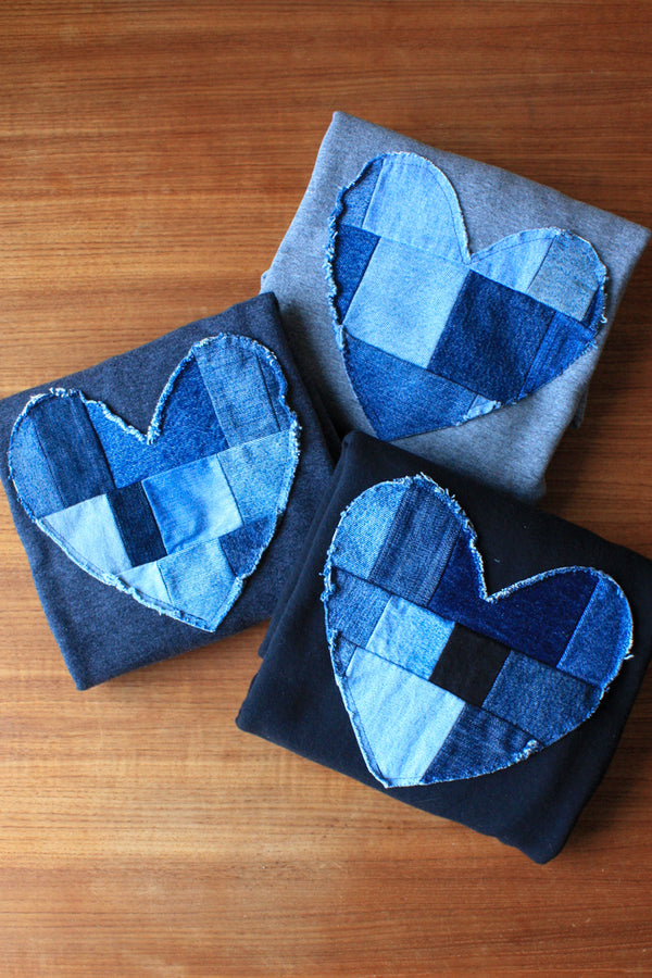 denim patchwork heart, charcoal sweater, scrap fabric, eco-friendly, hand stitched in Ottawa