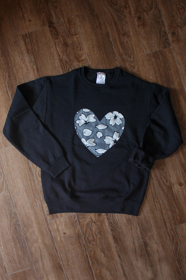 black sweater with white floral embroidered heart, valentine's day heart, upcycled fabric, canadian small business