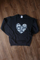 black sweater with white floral embroidered heart, valentine's day heart, upcycled fabric, canadian small business