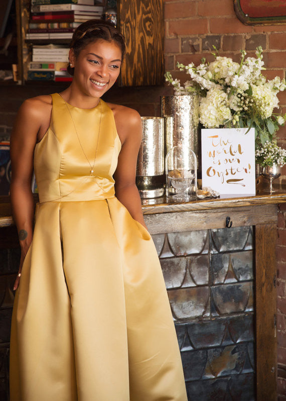 pleated satin gown with pockets, alternative wedding gown, bridesmaid gown custom made in Ottawa