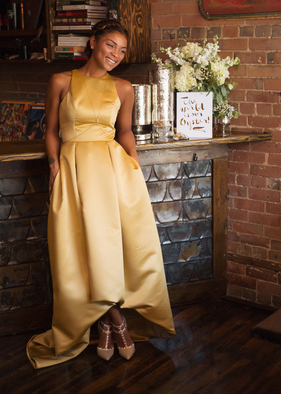 Audrey, gold wedding dress with pleats and pockets – Copious Fashions