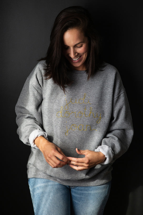 CUSTOM sweater with embroidered names on it, feminist sweater, hand stitched in Ottawa