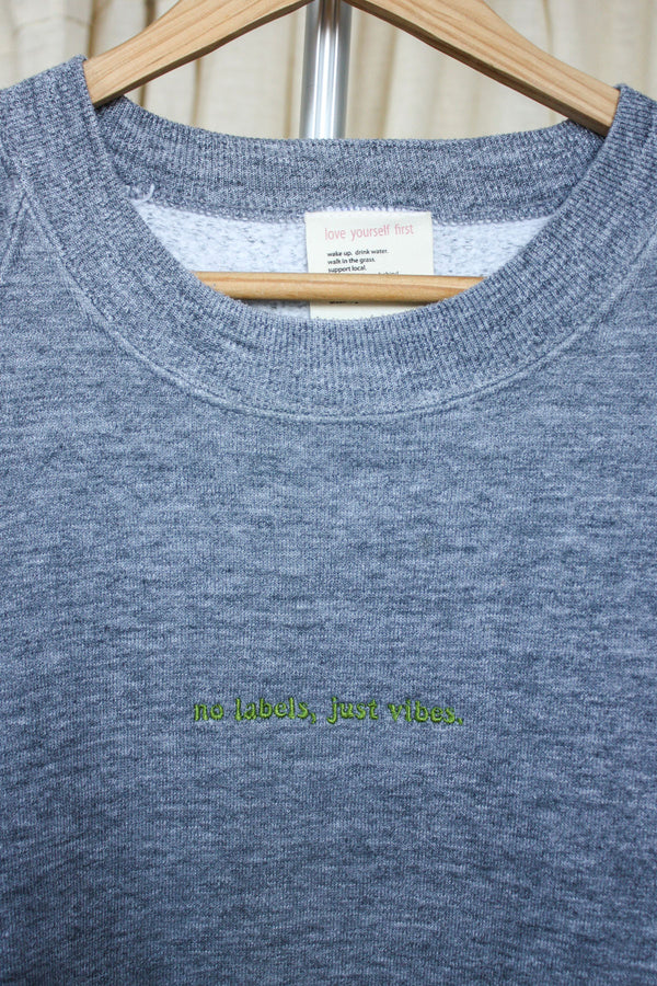 plain grey crewneck, raglan sleeve, vintage sweater, secondhand, thrifted fashion, upcycled in canada, no labels, just vibes.