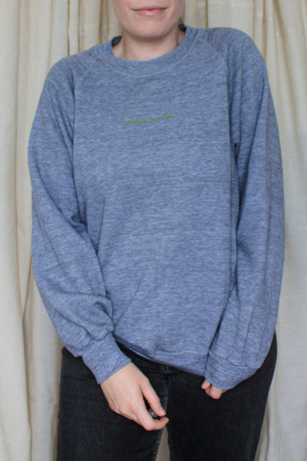 plain grey crewneck, raglan sleeve, vintage sweater, secondhand, thrifted fashion, upcycled in canada, no labels, just vibes.