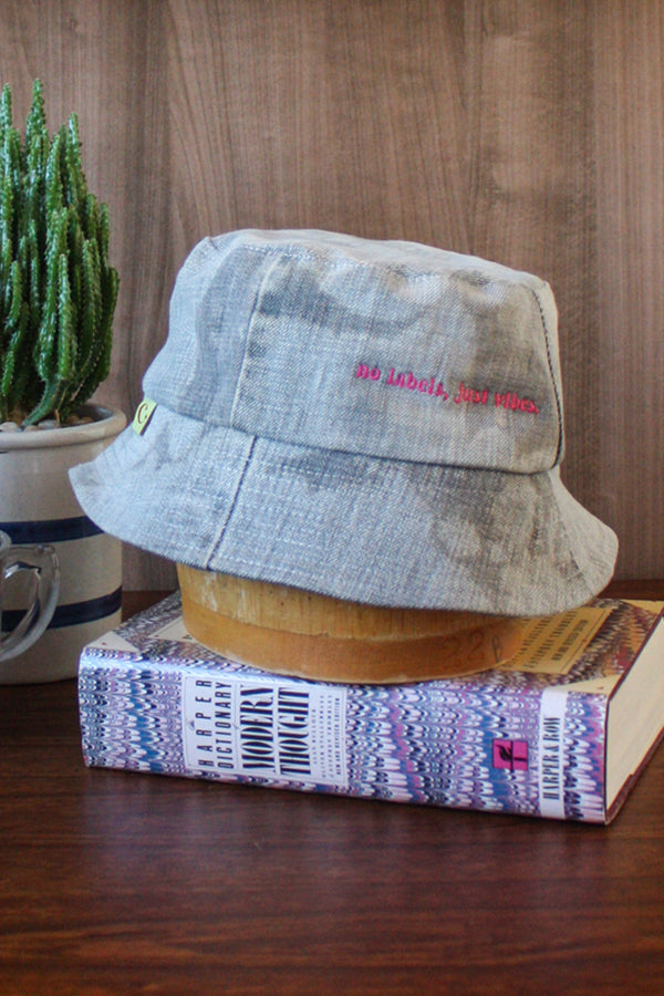 denim bucket hats, upcycled from scrap fabric, embroidered with no labels just vibes