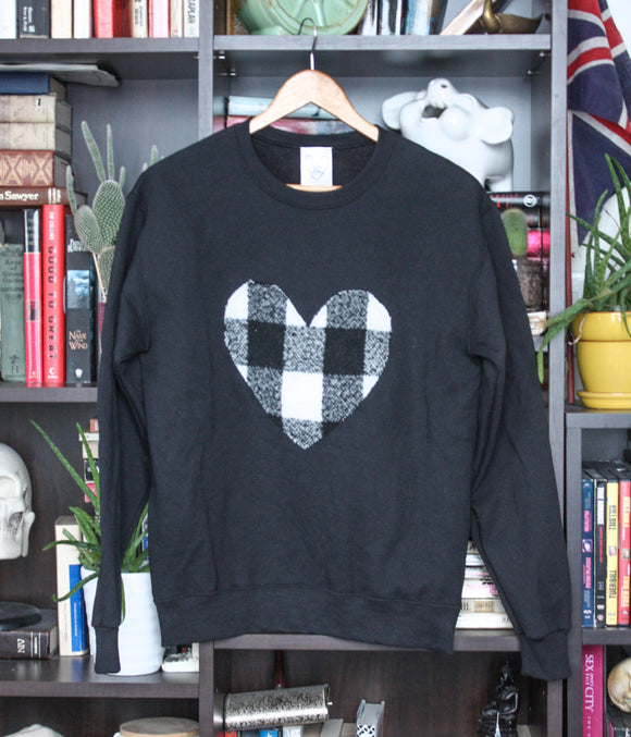 black oversized comfy sweater with heart applique, white and black plaid heart, handmade in Ottawa