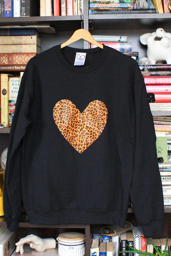 black athletic sweater with leopard print heart, faux leather, handmade in Ottawa