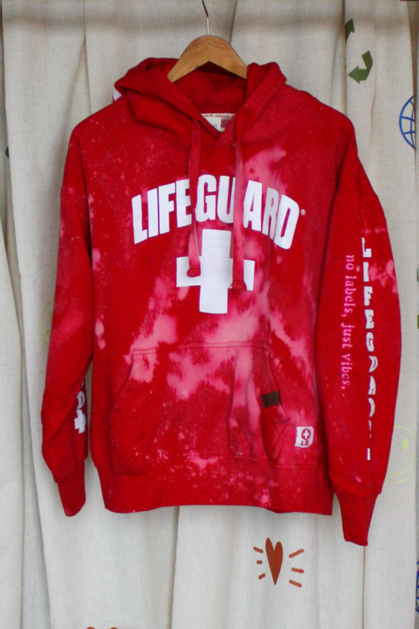 bleached lifeguard hoodie, upcycled clothing, thrifted fashion, no labels, just vibes