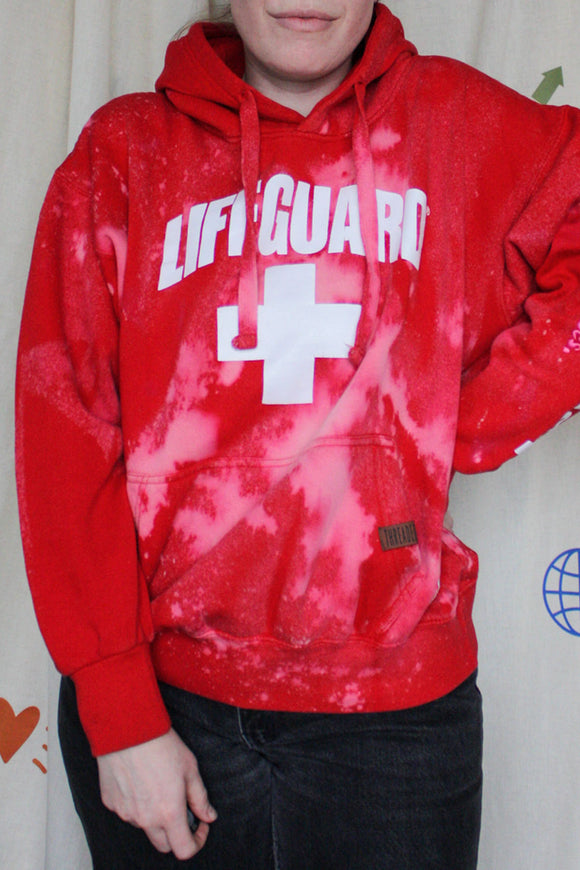 bleached lifeguard hoodie, upcycled clothing, thrifted fashion, no labels, just vibes