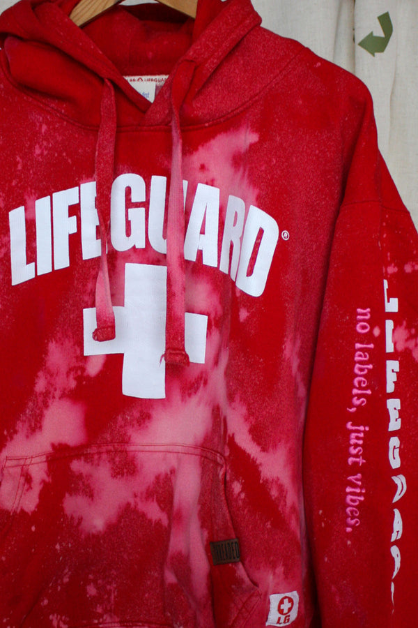 bleached lifeguard hoodie, upcycled clothing, thrifted fashion, no labels, just vibes