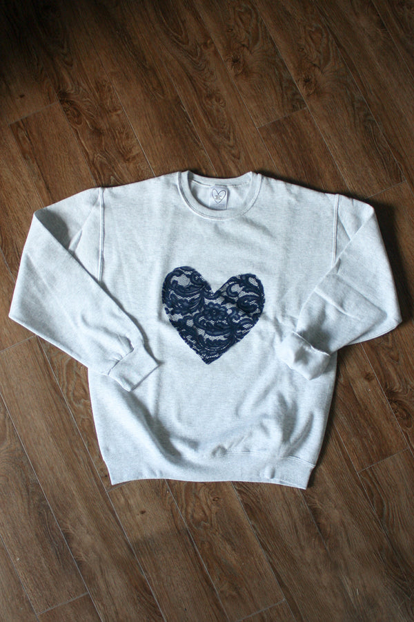 navy lace heart on light grey sweater, unisex and oversized fit, sewn in canada
