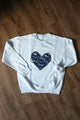 navy lace heart on light grey sweater, unisex and oversized fit, sewn in canada