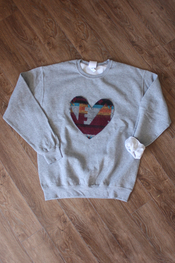 mini tipi scrap fabric heart sweater, upcycled oversized sweater, hand stitched in ottawa