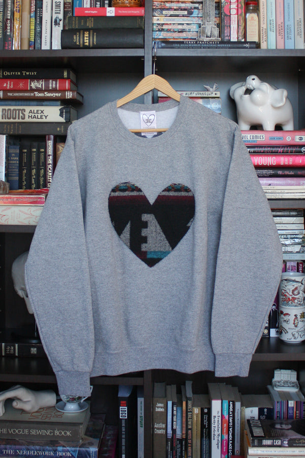 mini tipi scrap fabric heart sweater, upcycled oversized sweater, hand stitched in ottawa