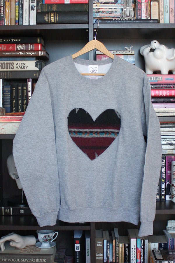 mini tipi scrap fabric heart sweater, upcycled oversized sweater, hand stitched in ottawa