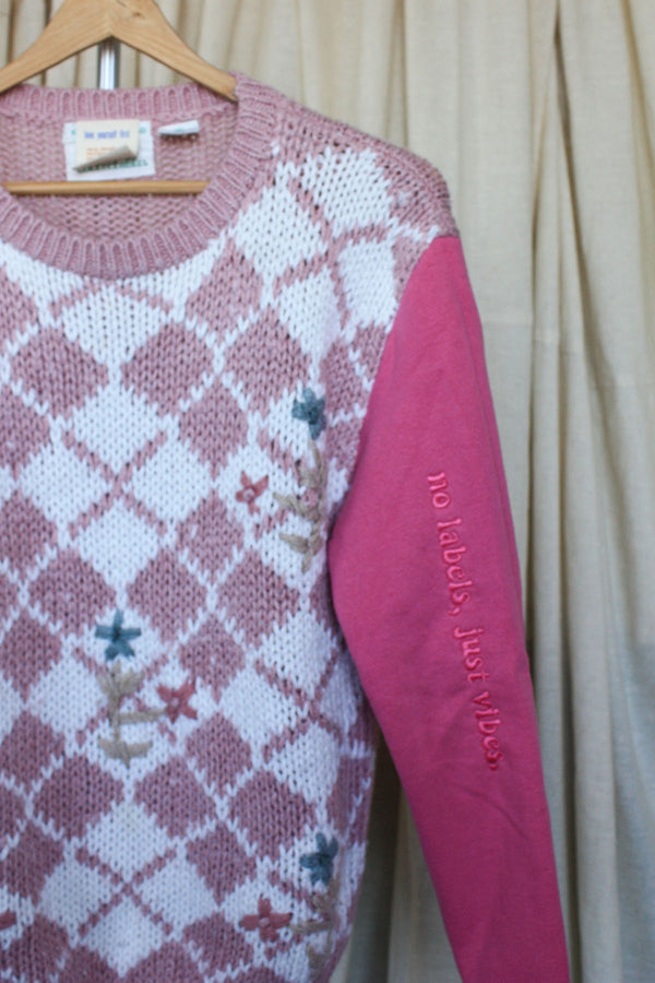 pink knit floral sweater, upcycled in canada
