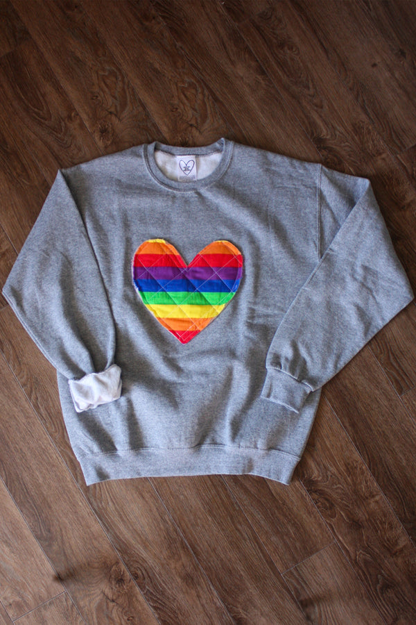 quilted rainbow heart, LGBTQ+ pattern, rainbow, recycled fabric, scrap fabric, sewn in Canada