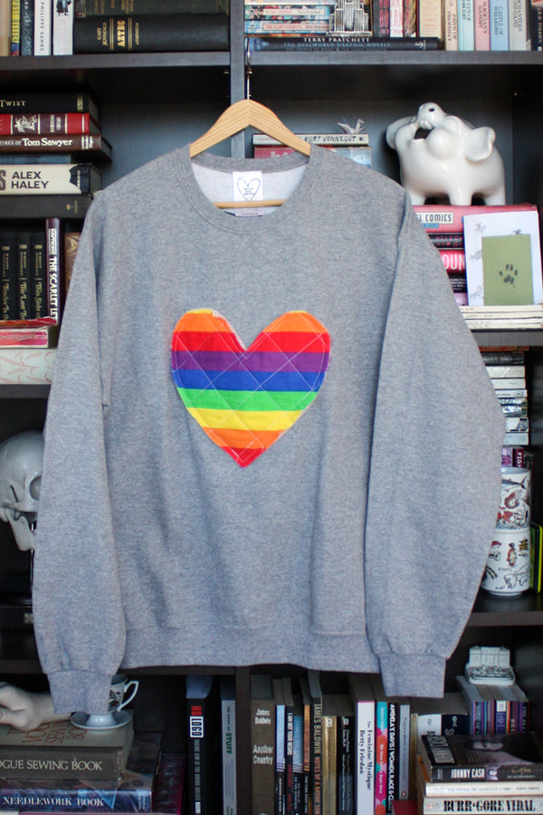 quilted rainbow heart, LGBTQ+ pattern, rainbow, recycled fabric, scrap fabric, sewn in Canada