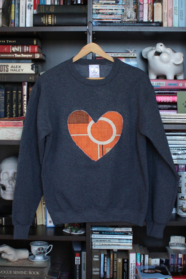 retro print, 70's vibe, heart sweater, upcycled in Canada, orange retro heart sweater, unisex