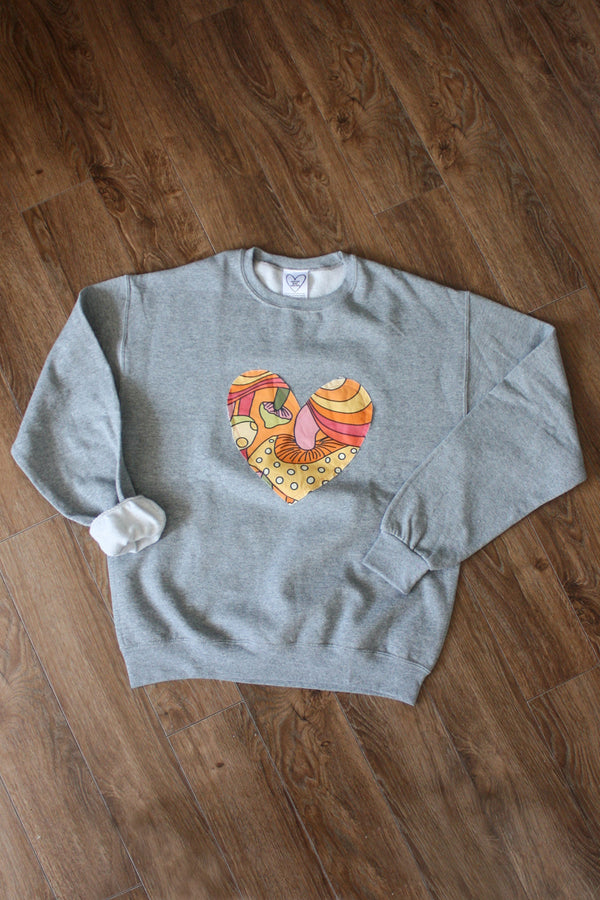 mushroom print heart, psychedelic print, 60's floral heart, heart sweater, upcycled in Canada, unisex, athletic shirt