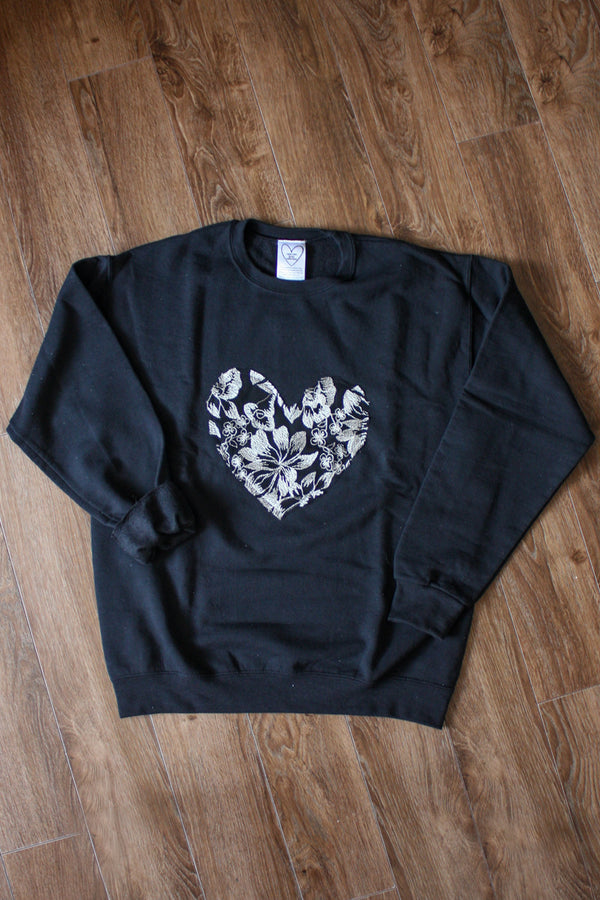 black athletic sweater with silver floral lace heart, heart sweater, made in canada
