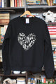 black oversized sweater with silver embroidered heart, heart applique, made in ottawa