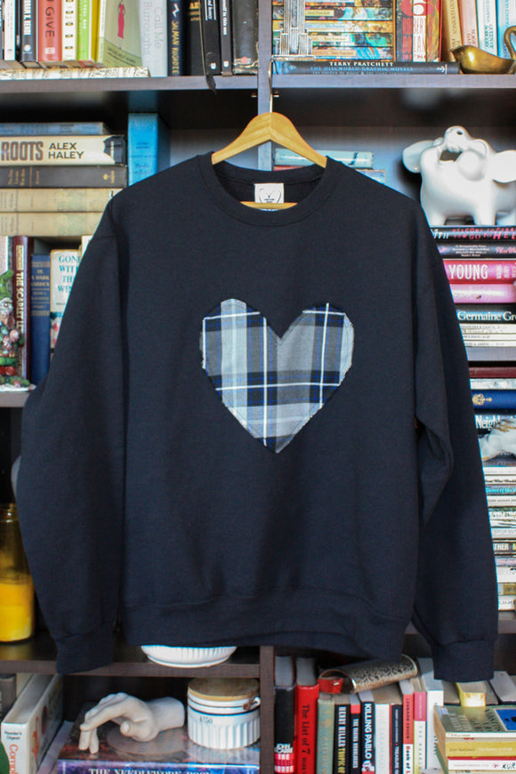 plaid heart sweater, black sweater, recycled fabric, stitched in Ottawa