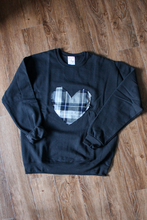 silver plaid heart sweater, tartan heart, recycled fabric, made in Ottawa