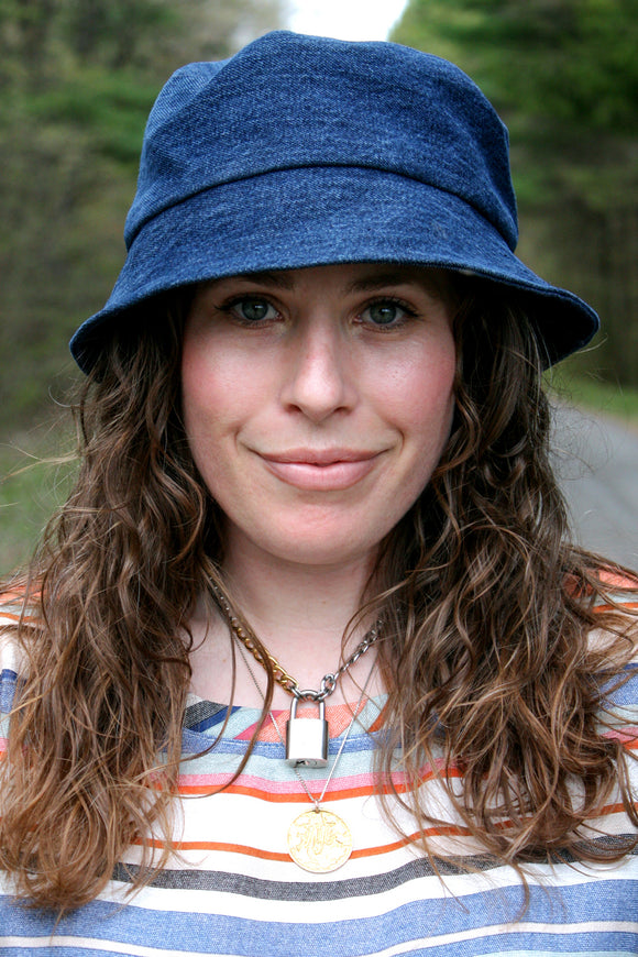 bucket hat made with recycled jeans, solid jean summer hat handmade in Ottawa