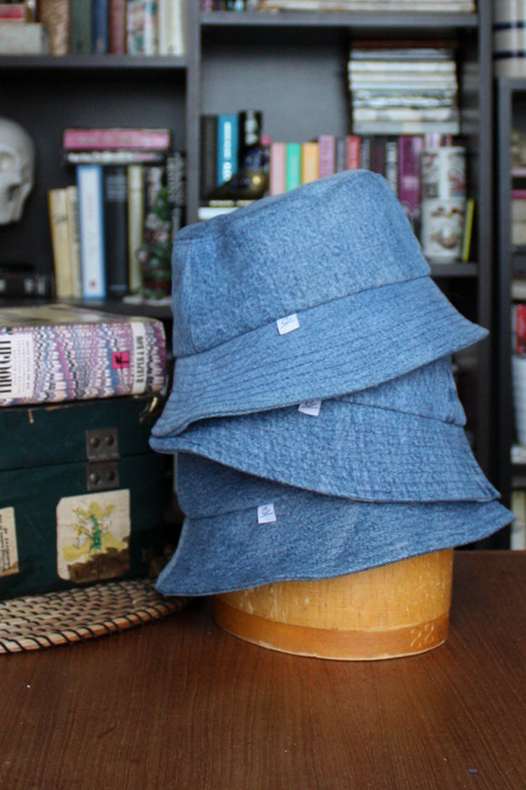 recycled jeans, bucket hat, summer hat, upcycled jeans handmade in Canada