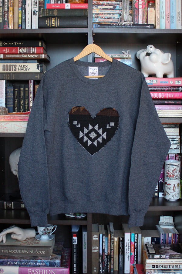 mini tipi scrap fabric heart sweater, upcycled oversized sweater, hand stitched in ottawa
