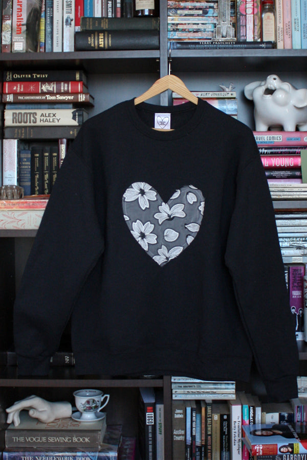 black sweater with white floral embroidered heart, valentine's day heart, upcycled fabric, canadian small business