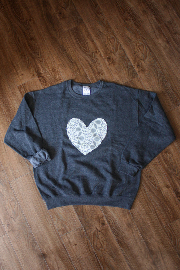 white lace heart, upcycled in Canada, unisex, athletic sweater, lace print, heart sweater