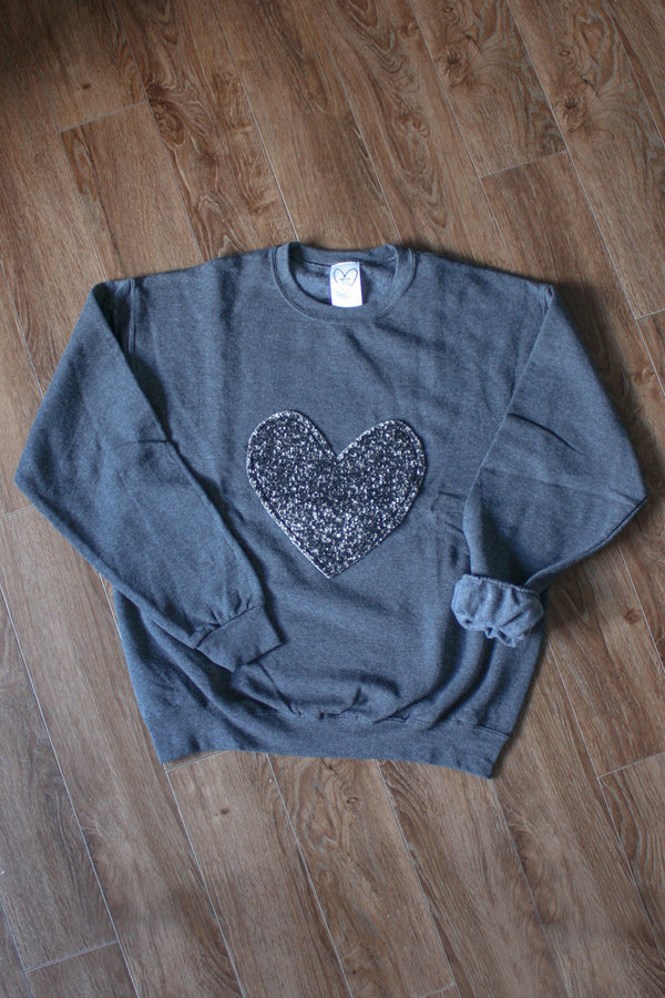 black heart sweater, recycled fabric, flecked heart, cut and sewn in Ottawa