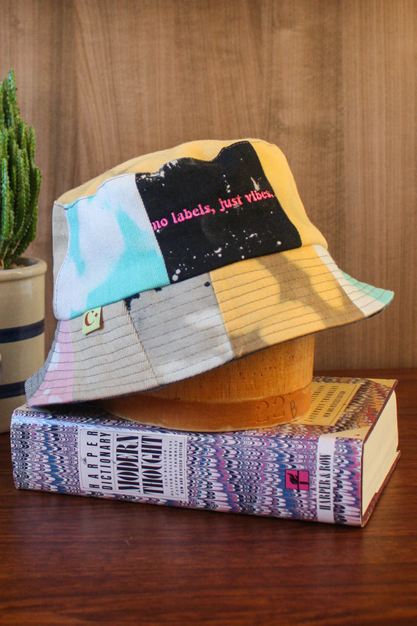denim bucket hats, upcycled from scrap fabric, embroidered with no labels just vibes
